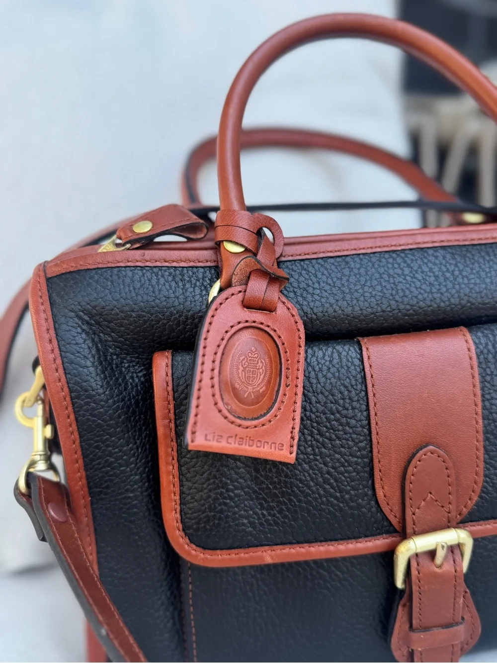 NEW Liz Claiborne Black and Brown Leather Satchel with Buckle Accent